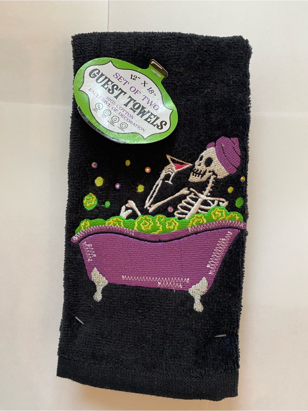 Halloween 2 hand towelsSkeleton in a tub embroidered - Guest Towels